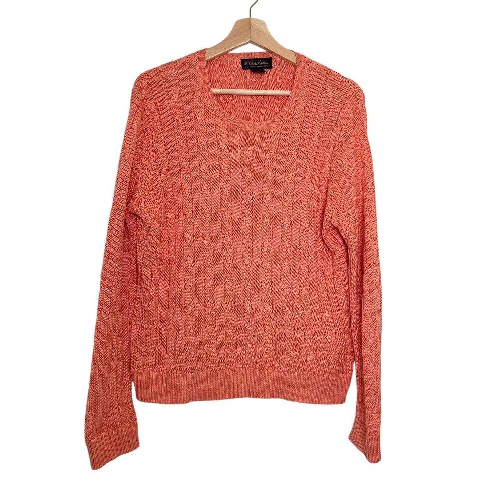 Brooks Brothers Women Size XL Cable Knit Sweater Crewneck Cotton Slim Fit Coral